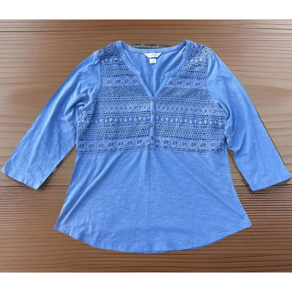 Christopher & Banks Blue Lace Yoke 3/4 Sleeve Knit Top Size M Cotton Blend